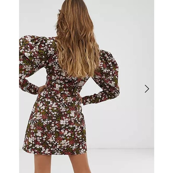 & Other Stories Extra Puff Sleeves Mini Dress Floral Pink Black Size 0 NWT - Picture 2 of 13